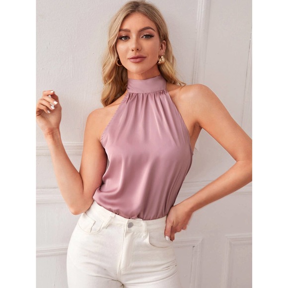 High Neck Satin Halter Top Tank black - Picture 11 of 11